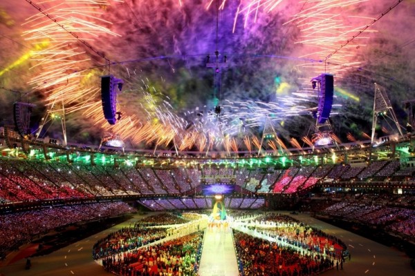 A view of the fireworks from inside the Olympic Stadium